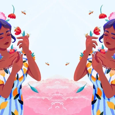 hai cô gái đang ôm những đóa hoa vào lòng