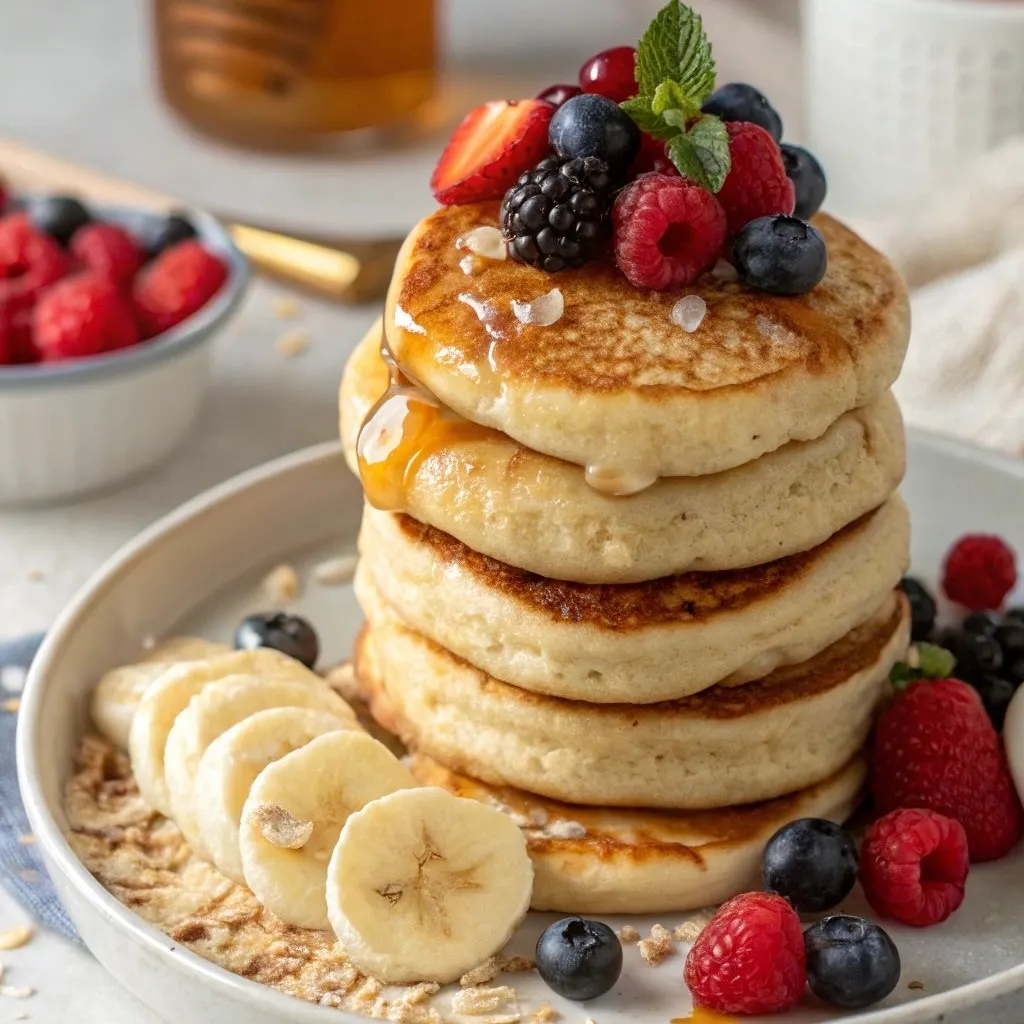 Bánh pancake xếp lớp, rưới mật ong và trái cây cắt lát