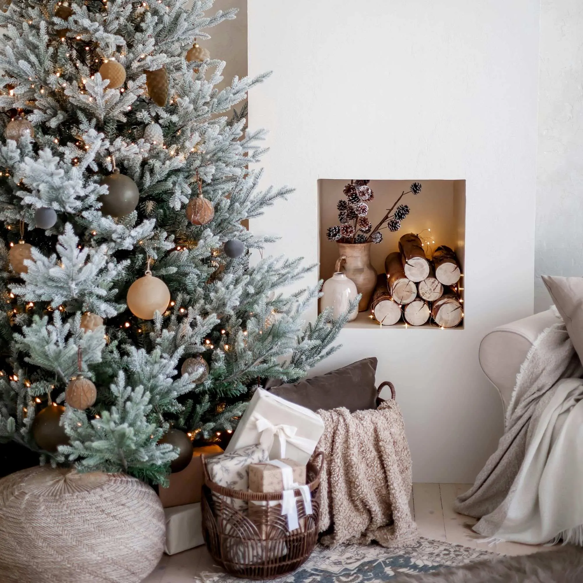 Góc nhà trang trí Giáng sinh đẹp mắt theo tông màu trắng