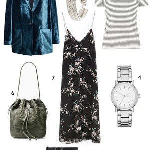 CÁCH PHỐI 5: 1. Blazer nhung Mango - 2. Vòng tay Karen Millen - 3. Áo Warehouse - 4. Đồng hồ DKNY - 5. Sandals Pedro - 6. Túi Cole Hann - 7. Đầm Zara