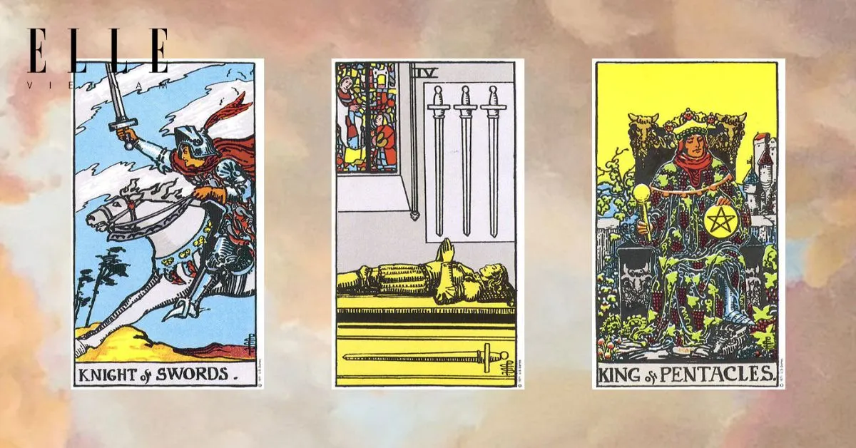Bạn có các lá bài tarot: Knight of Swords - Four of Swords - King of Pentacles