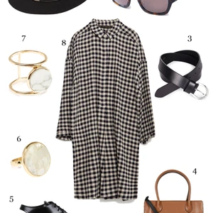 CÁCH PHỐI 7: 1-Nón Marks & Spencer, 2-Mắt kính Marc Jacobs, 3-Thắt lưng Marks & Spencer, 4-Túi Accessorize, 5-Giày Stella McCartney, 6,7-Nhẫn Accessorize, 8-Áo tunic Zara.