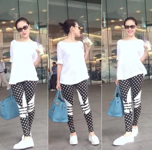 Phương Linh có lợi thế là có một thân hình khá nhỏ nhắn, chính vì chọn lựa legging đi với áo free style trắng khiến cô nhìn vẫn rất "mi nhon"