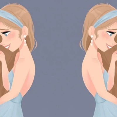 hai cô gái trong chiếc đầm xanh da trời đứng đối lưng nhau