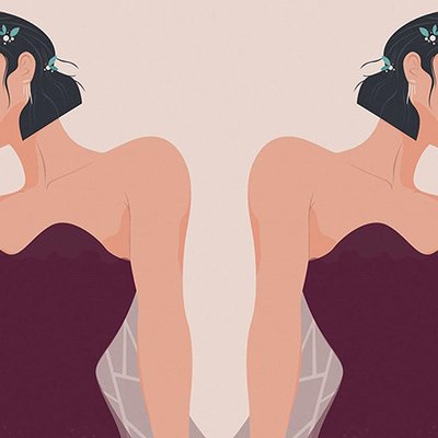 hai cô gái tóc ngắn mặc áo tím đối lưng nhau