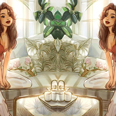 hai cô gái áo đỏ tóc dài đang ngồi đối diện nhau