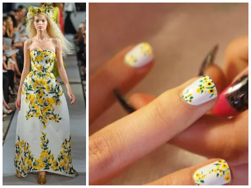 Họa tiết hoa lá tươi sáng như những bộ trang phục Xuân Hè của Oscar de la Renta.