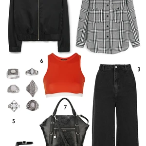 THỨ NĂM: 1 áo khoác satin Mango, 2 áo sơ mi Mango, 3 quần Topshop, 4 giày Pedro, 5 set nhẫn Topshop, 6 bralet Topshop, 7 túi Nine West