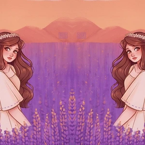 2 cô gái đang đứng giữa cánh đồng hoa oải hương