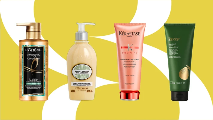 dầu xả - chai dầu xả của Loreal và l'occitane, tuýp dầu xả của Kerastase và Cocoon