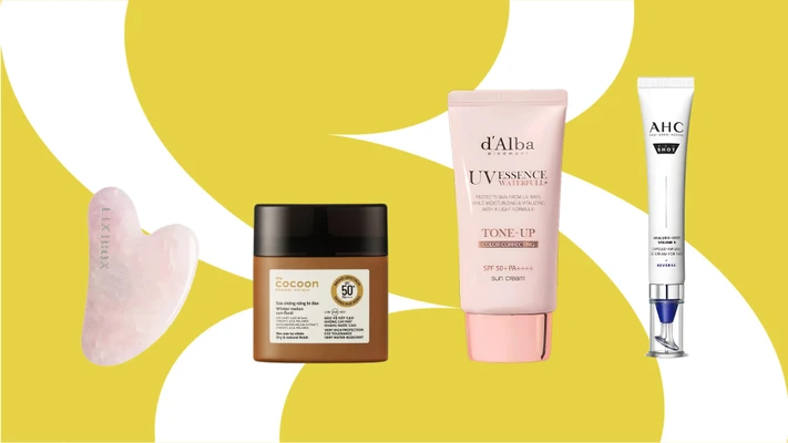 Bạch Lộc - gua sha thạch anh hồng, tuýp kem chống nắng Cocoon, d'Alba và AHC