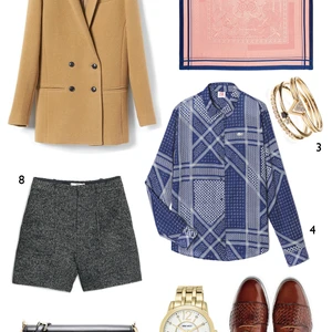 CÁCH PHỐI 1: 1. Blazer Banana Republic - 2. Khăn Hèrmes Eperon d'Or - 3. Nhẫn Accessorize - 4. Áo sơ mi Lacoste - 5. Giày Cole Hann - 6. Đồng hồ Nine West - 7. Túi Pedro - 8. Quần shorts Mango