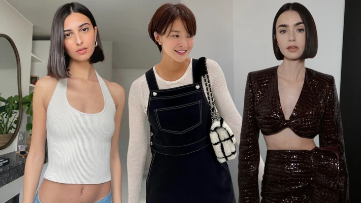 mặt vuông - Lee Si Young và Lily Collins để tóc bob ngắn, mặc trang phục màu đen để chụp ảnh chân dung