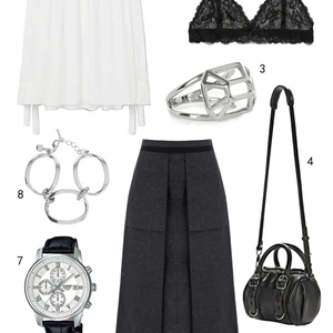 CHỦ NHẬT: 1 áo Mango, 2 lace bra Mango, 3 nhẫn Karen Millen, 4 túi Alexander Wang, 5 váy Warehouse, 6 dép Topshop, 7 đồng hồ Casio, 8 lắc tay Karen Millen