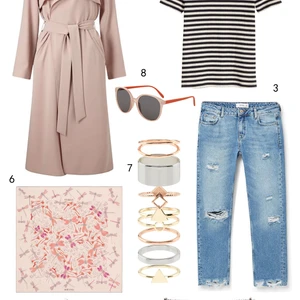 THỨ HAI: 1 áo khoác Miss Selfridge, 2 áo thun H&M, 3 quần jeans Mango, 4 túi Bally, 5 giày Nike, 6 khăn lụa Hermès, 7 set nhẫn Accessorize, 8 mắt kính Topshop