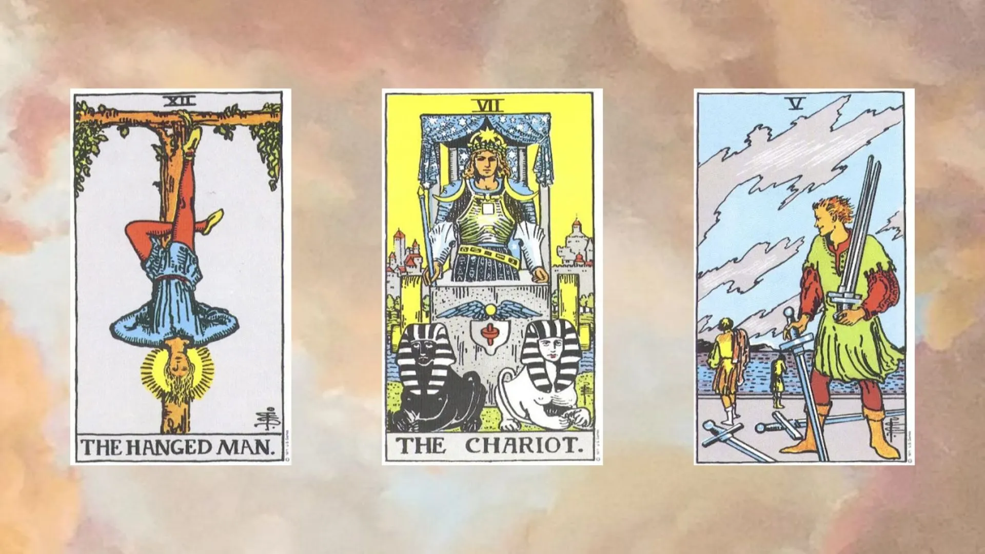 trải bài tarot tuần mới 24/2 The Hanged Man – The Chariot – Five of Swords