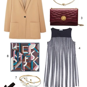 THỨ TƯ: 1 áo khoác Mango, 2 vòng cổ Banana Republic, 3 túi xách Bally, 4 đầm MAX & Co, 5 mắt kính MAX & Co, 6 dép Warehouse, 7 vòng tay Banana Republic, 8 khăn lụa Hermès