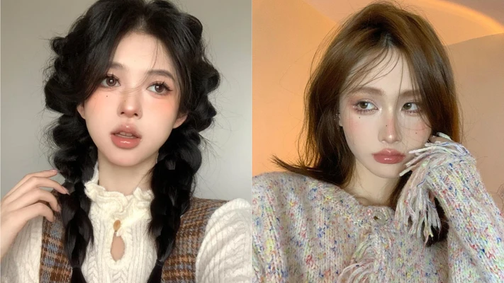 douyin - hai cô gái châu Á trang điểm phong cách douyin để selfie