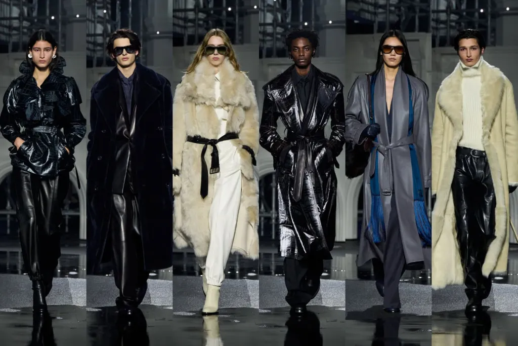 Những chiếc trench-coat mô phỏng nhựa đường đen bóng, kể câu chuyện về một London bền bỉ và đầy sức sống sau ánh đèn đêm.