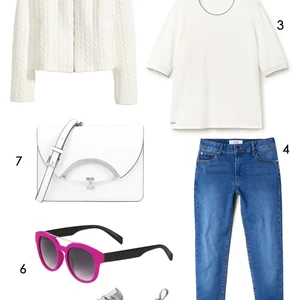 CÁCH PHỐI 1: 1.Áo khoác H&M - 2.Nón Max & Co - 3.Áo thun Lacoste - 4.Quần jeans Mango - 5.Giày NIKE AIR MAX THEA PREMIUM - 6.Mắt kính Topshop - 7.Túi xách Charles & Keith