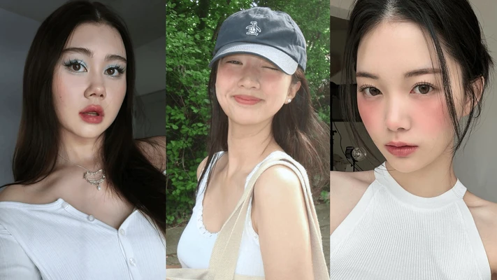 trang điểm - ba cô gái châu Á mặc áo tank top màu trắng để selfie