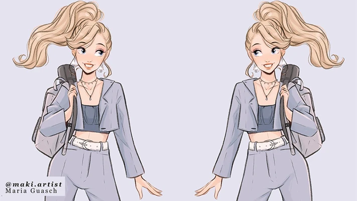 hai cô gái cột tóc cao trong bộ suit màu xanh