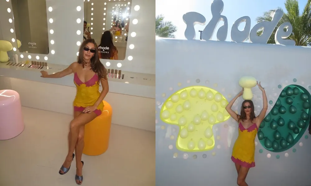 hailey bieber bên những không gian tại rhode world pop-up tại coachella 2026