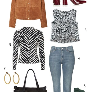 CÁCH PHỐI 3: 1. Áo khoác Mango - 2. Giày Topshop - 3. Áo peplum Zara - 4. Quần Topshop - 5. Thắt lưng MAX & Co - 6. Túi Oasis - 7. Hoa tai Accessorize - 8. Áo Topshop