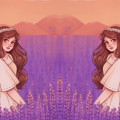 2 cô gái đang đứng giữa cánh đồng hoa oải hương