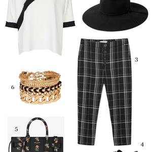 CÁCH PHỐI 3: 1-Áo Topshop, 2-Nón Mango, 3-Quần lửng Mango, 4-Giày Oxford DKNY, 5-Túi Saint Laurent, 6-Set vòng tay Aldo.