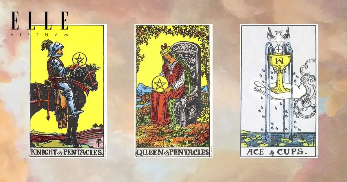 Bạn có các lá bài tarot với các ý nghĩa đẹp: Knight of Pentacles - Queen of Pentacles - Ace of Cups