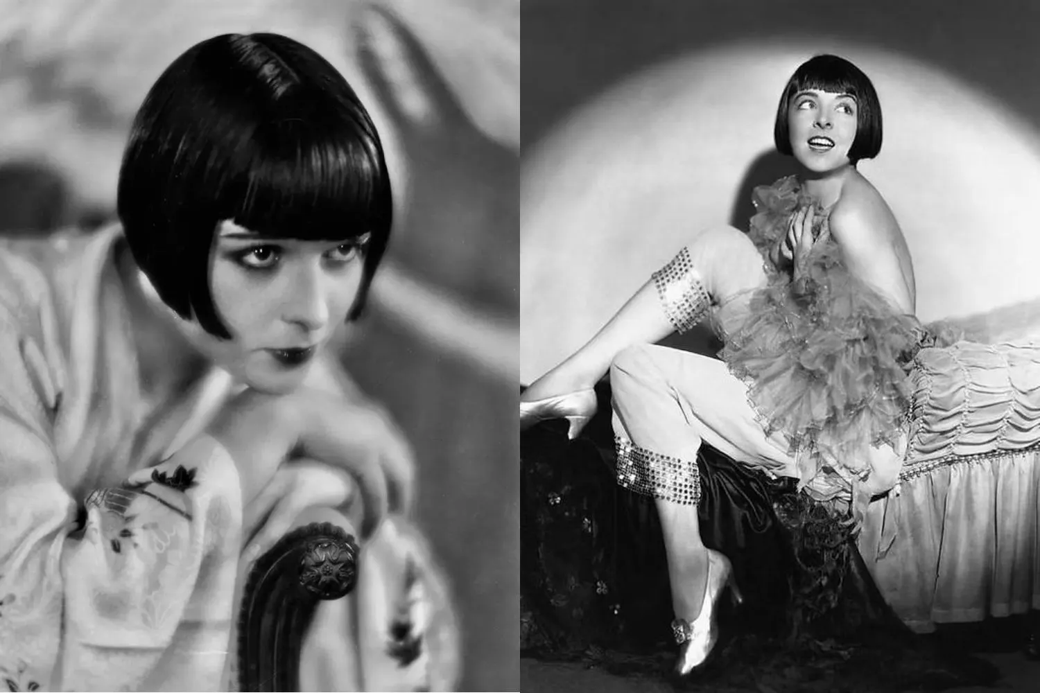Diễn viên Louise Brooks và Colleen Moore
với mái tóc bob đặc trưng thập niên 1920 – biểu tượng tiên phong của phong cách flapper hiện đại.