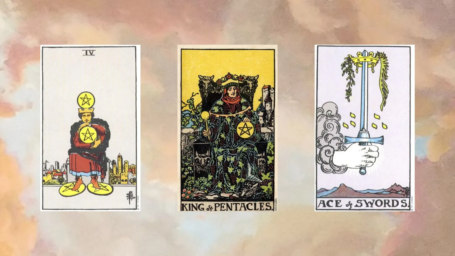 rải bài tarot gồm Four of Pentacles – King of Pentacles – Ace of Swords