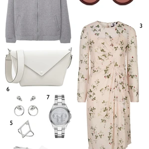 THỨ BA: 1 áo khoác Mango, 2 mắt kính Marc Jacobs, 3 đầm Topshop , 4 sandals Ecco, 5 set hoa tai và nhẫn Miss Selfridge, 6 túi Charles & Keith, 7 đồng hồ DKNY