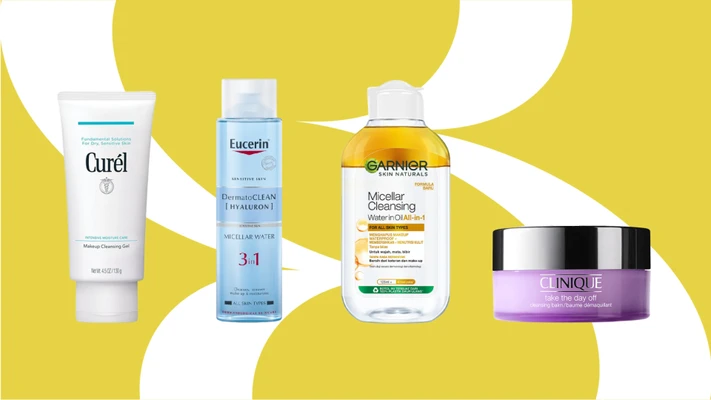 tẩy trang - tuýp gel tẩy trang của Curel, nước tẩy trang của Eucerin và Garnier, hũ sáp của Clinique