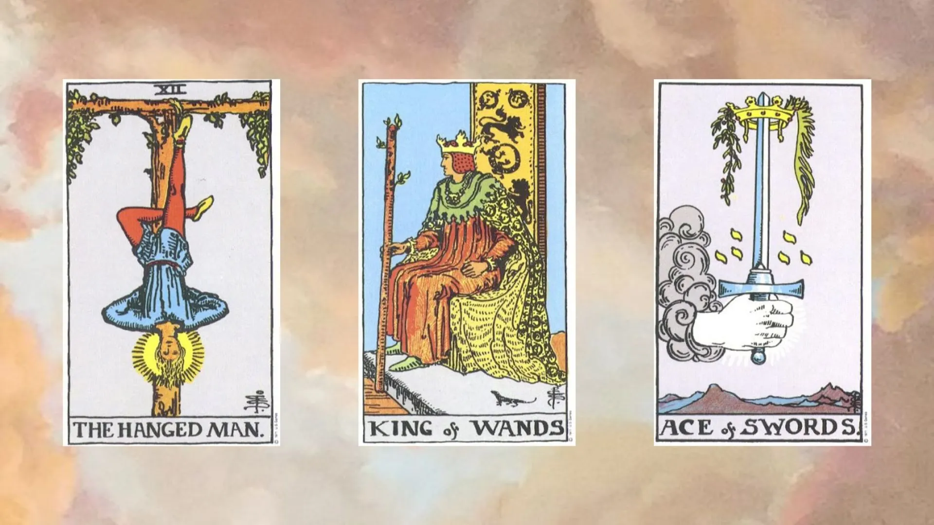 trải bài gồm The Hanged Man - King of Wands - Ace of Swords